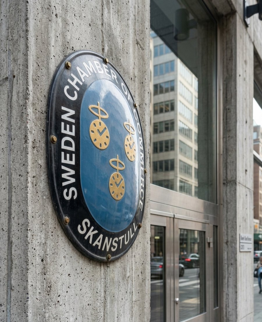 Kammarens emaljskylt på en betongfasad vid Skanstull: tre gyllene fickur på blått fält, omgivna av texten Swedish Chamber of Commerce Skanstull